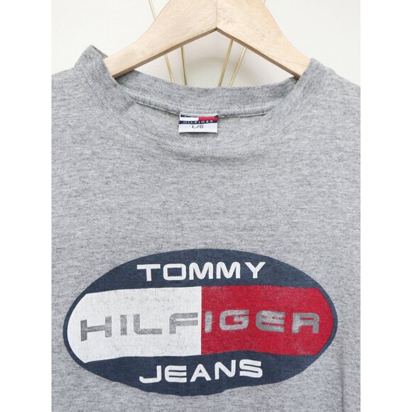 Vintage 1990s Heather Grey Tommy Hilfiger Jeans Graphic Oval Signature Logo Flag - Picture 5 of 6